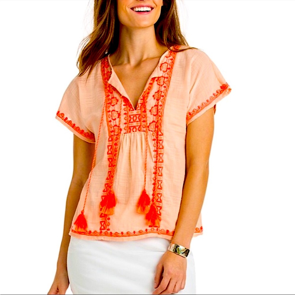 Vineyard Vines Orange Embroidered Tassel Blouse S